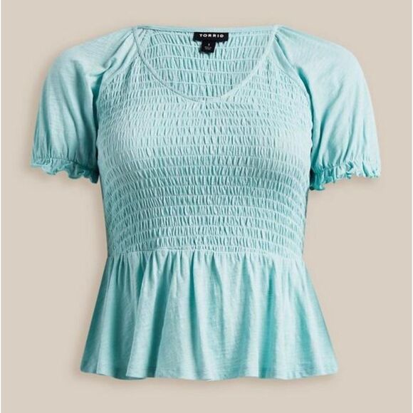 Torrid Cotton Modal Slub Smocked Short Sleeve Babydoll - Canal Blue - Picture 1 of 7